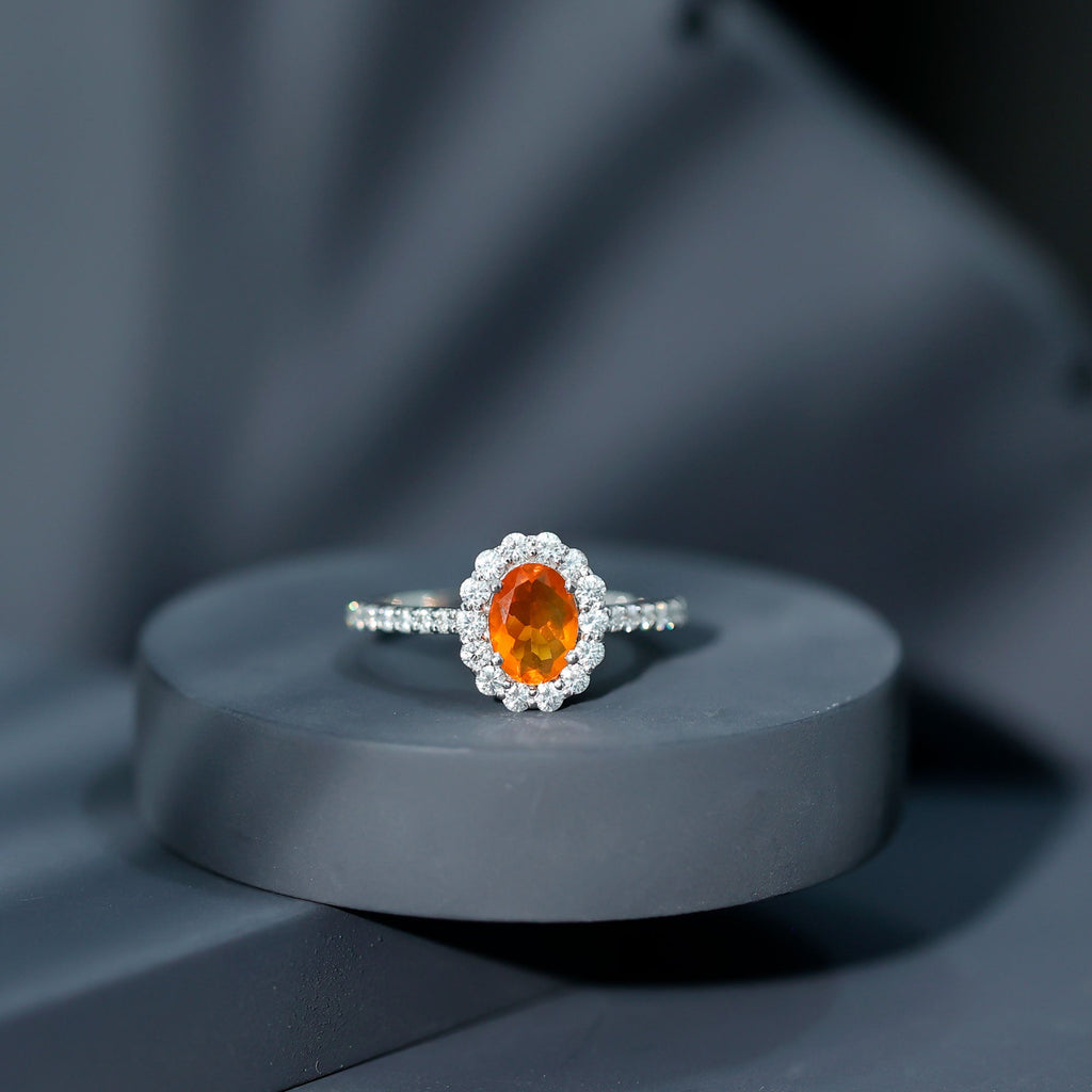 Orange Fire Opal Oval Shape Engagement Ring with Moissanite