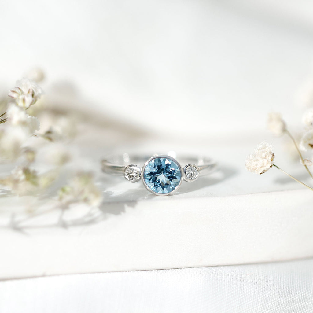 Bezel Set Real Aquamarine Diamond Engagement Ring with Certificate