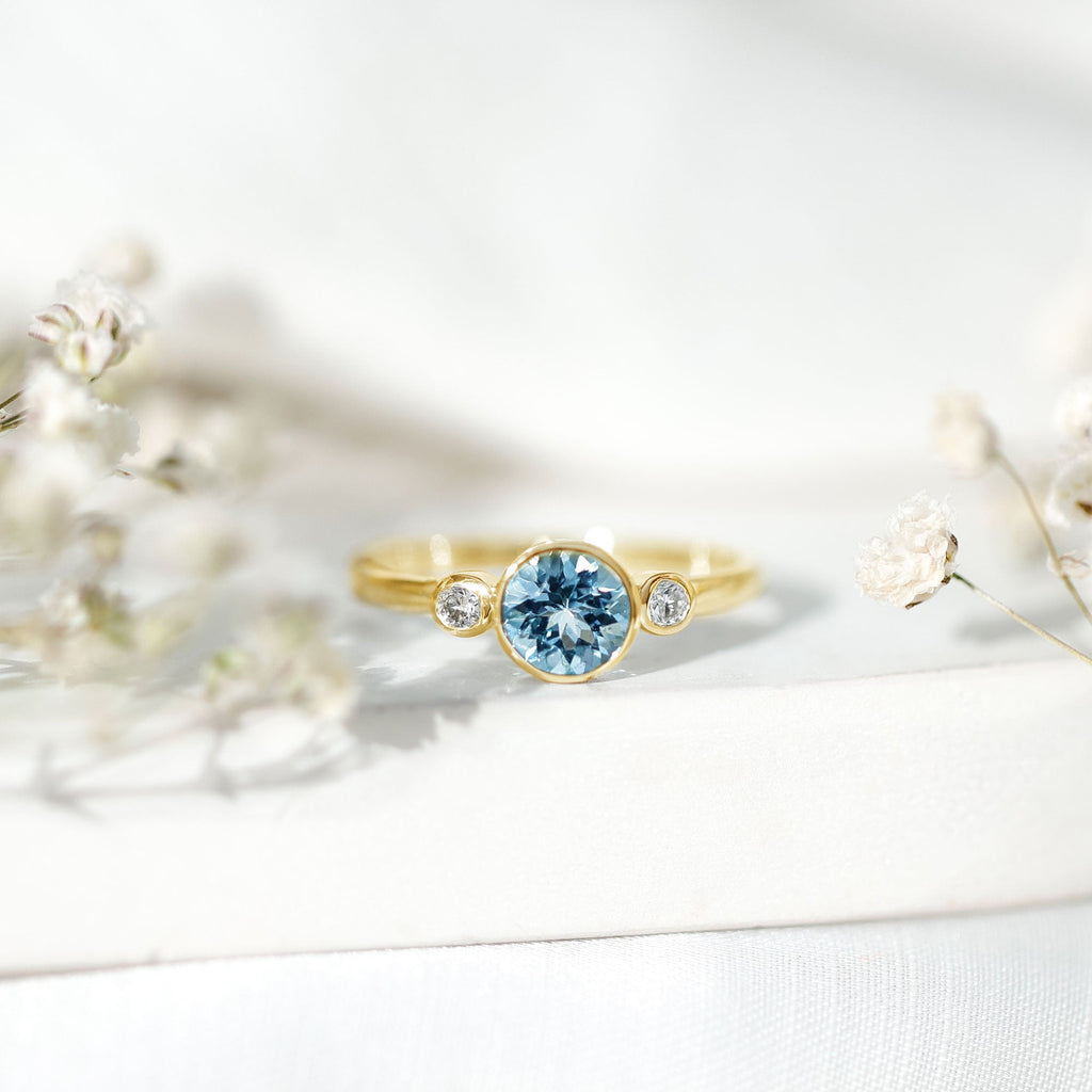 Bezel Set Real Aquamarine Diamond Engagement Ring with Certificate