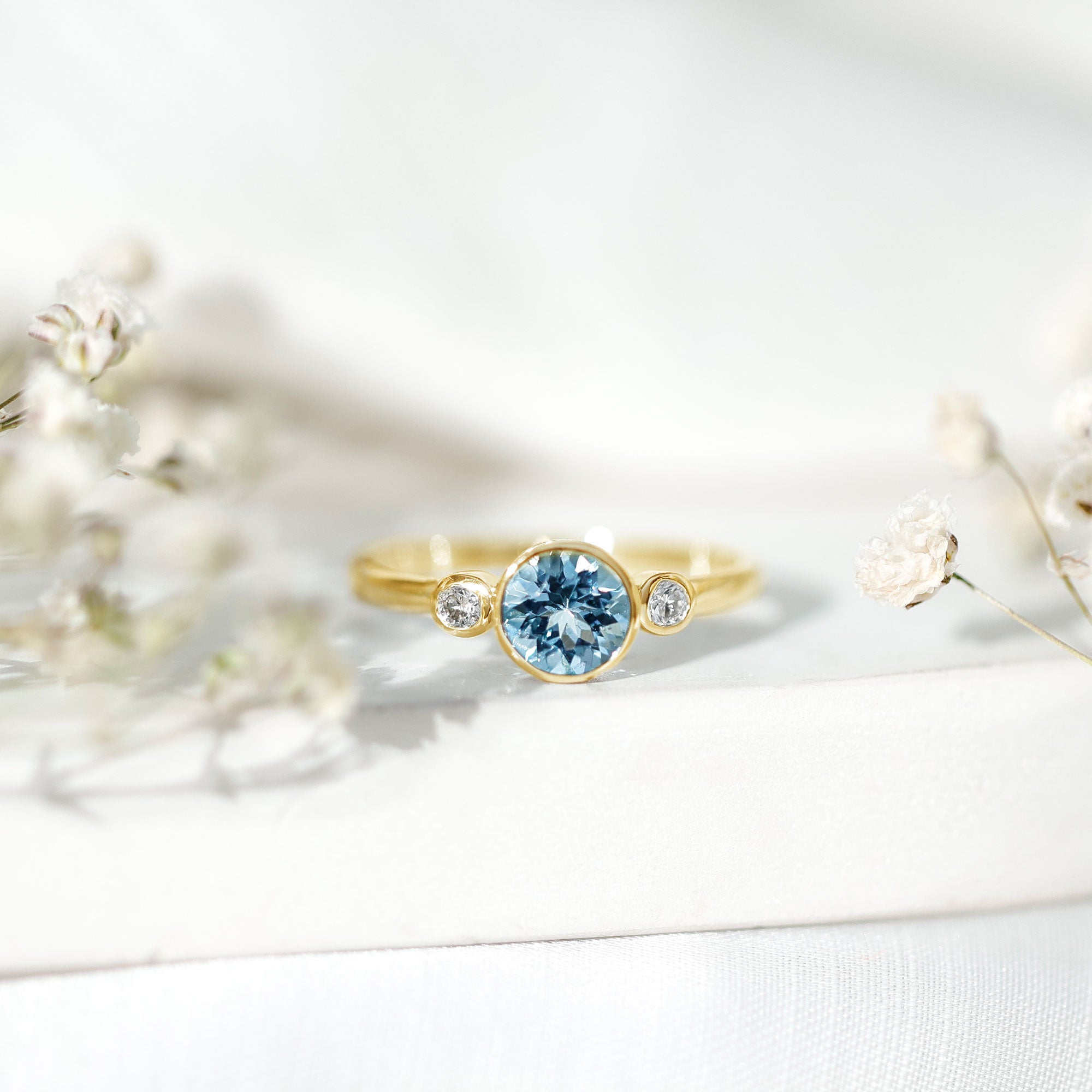 Bezel Set Real Aquamarine Diamond Engagement Ring with Certificate