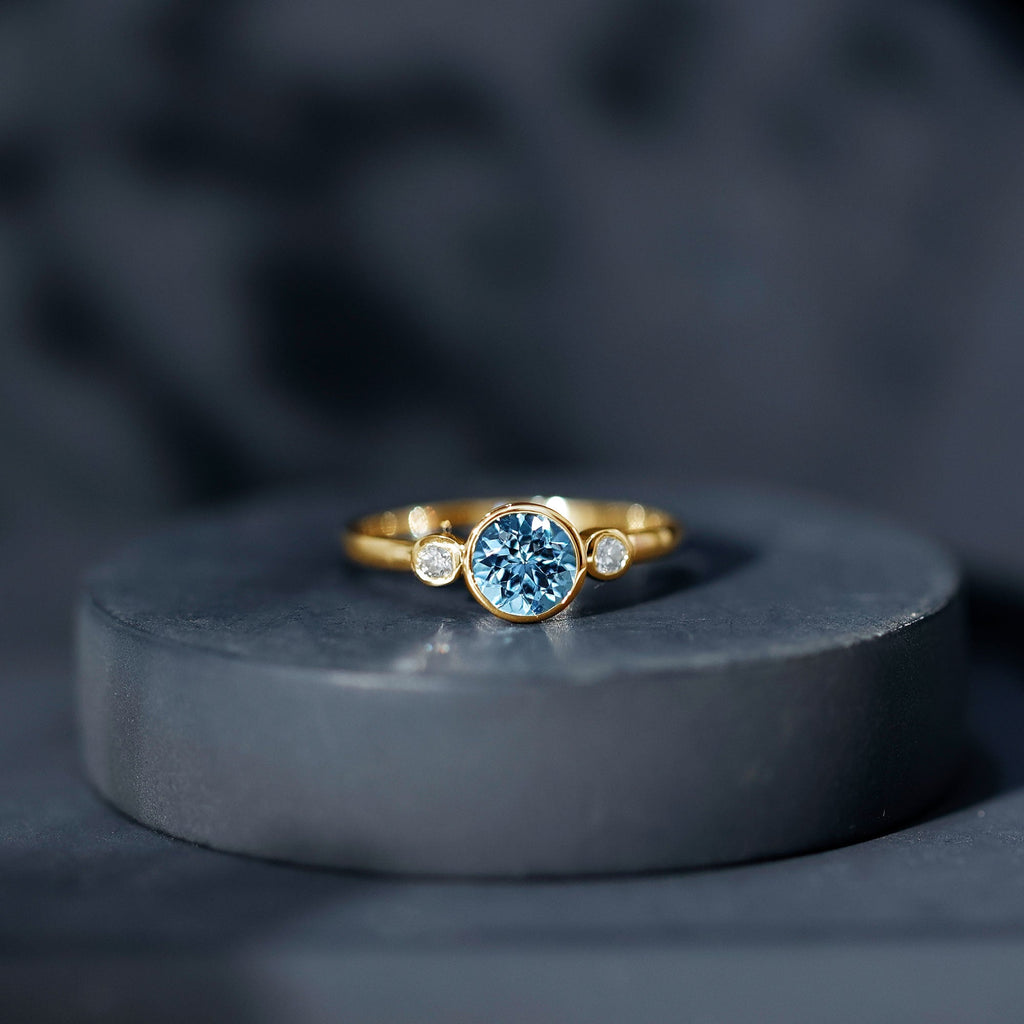Bezel Set Real Aquamarine Diamond Engagement Ring with Certificate