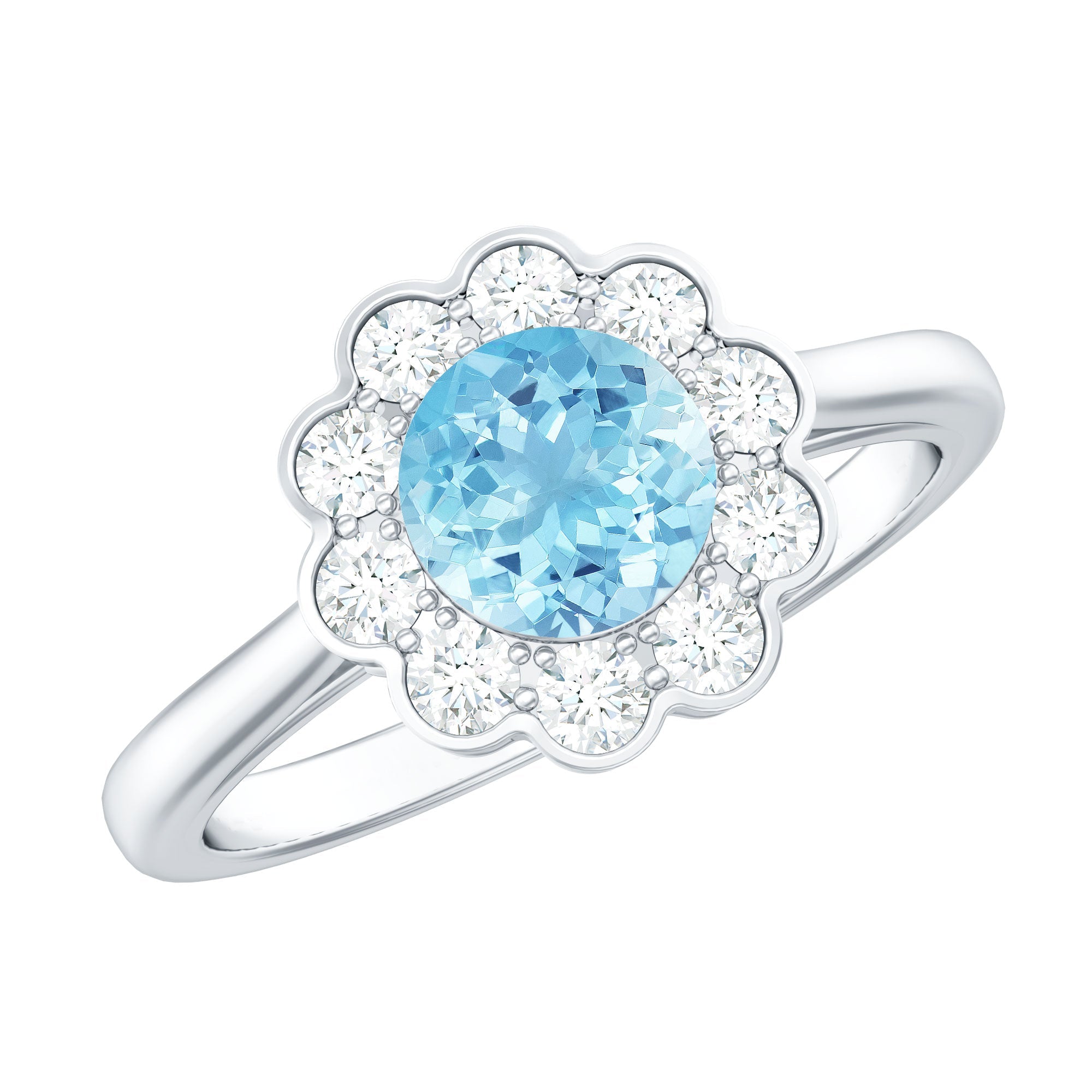Certified 0.8 Carat Real Aquamarine Engagement Ring with Diamond Flower Halo