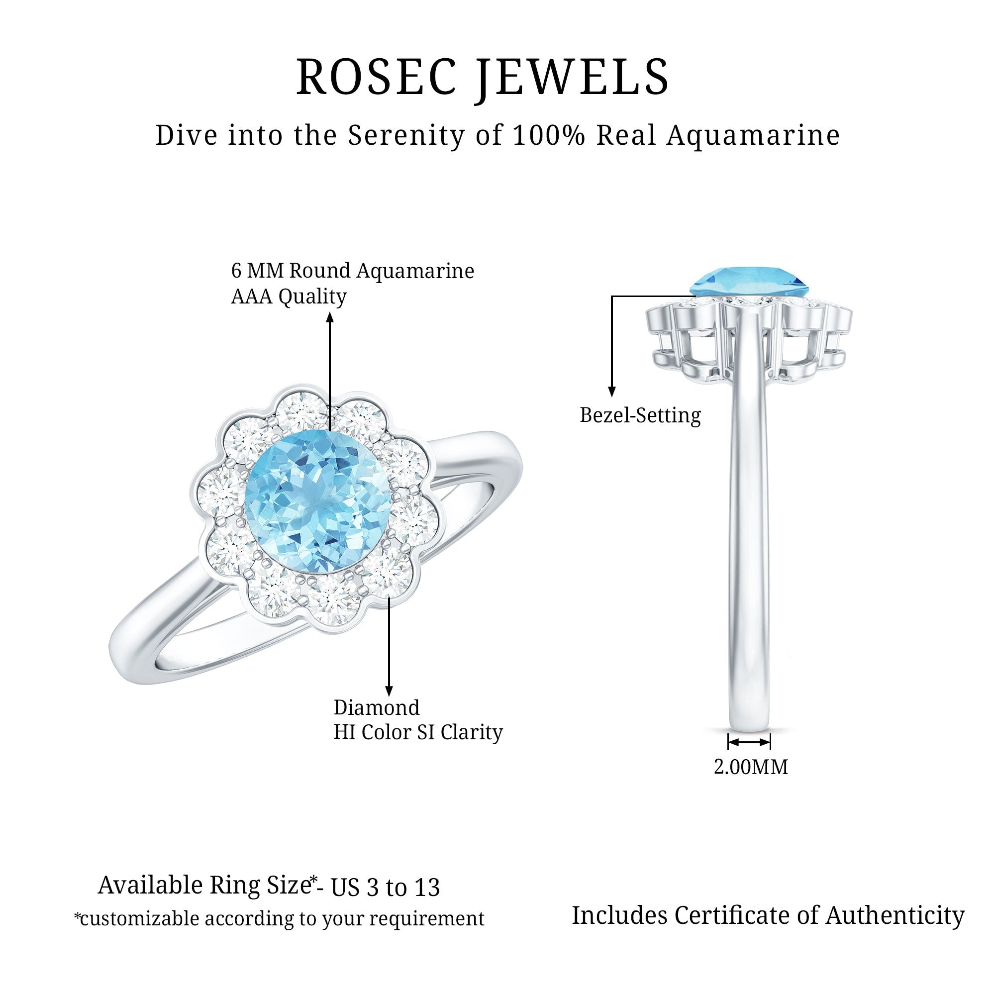 Certified 0.8 Carat Real Aquamarine Engagement Ring with Diamond Flower Halo