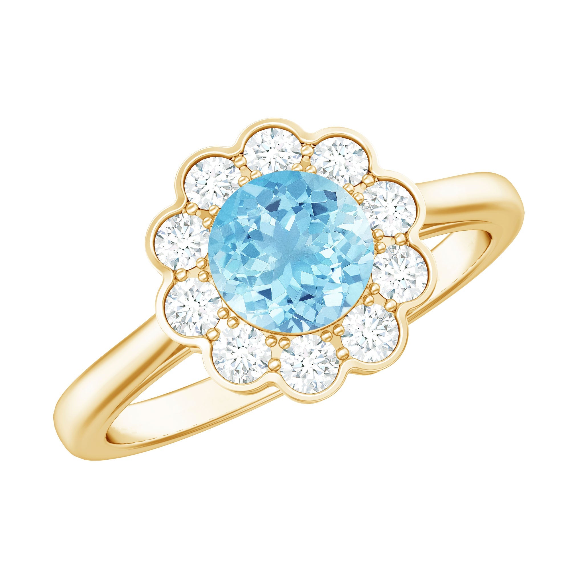 Certified 0.8 Carat Real Aquamarine Engagement Ring with Diamond Flower Halo | Rings | Wiccan Center