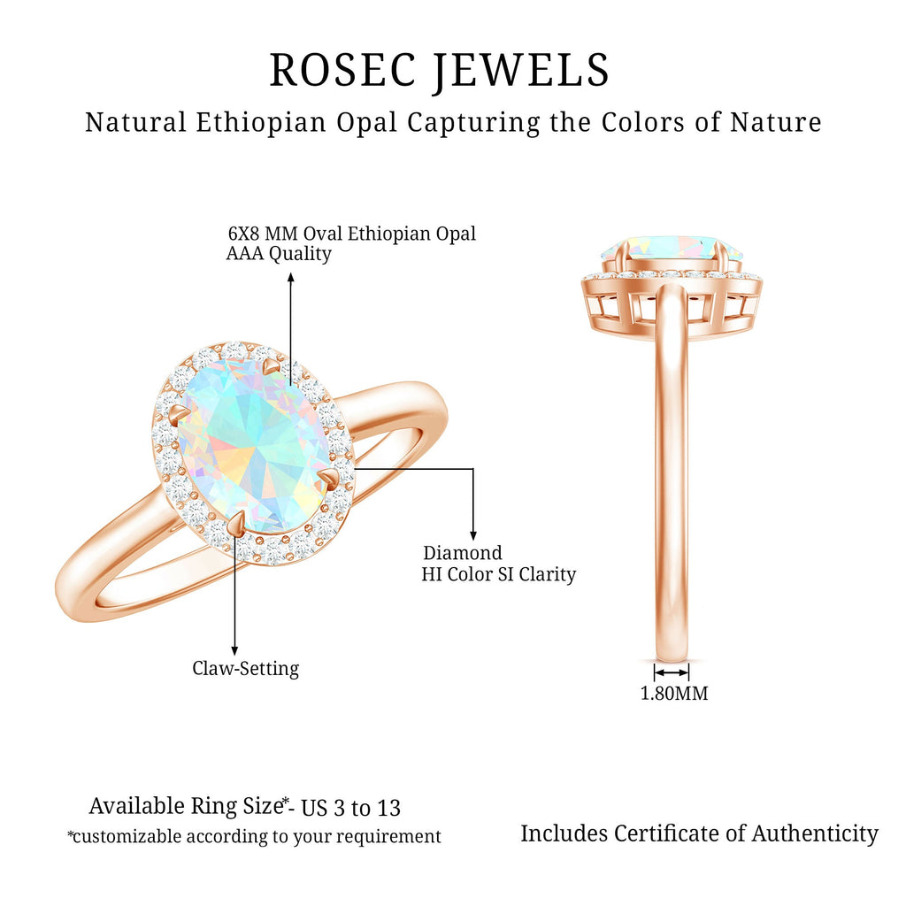 Natural Ethiopian Opal Oval Engagement Ring with Diamond Halo