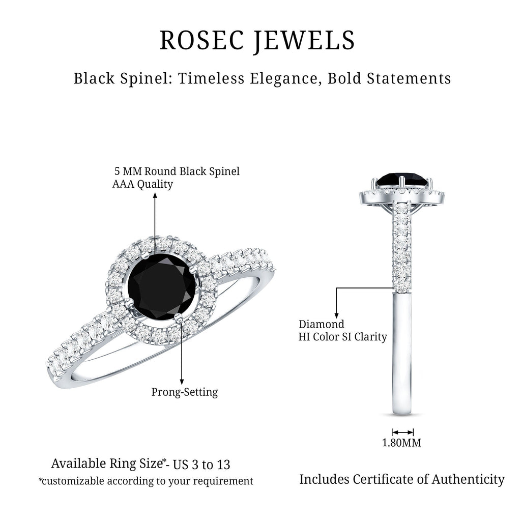 Minimal Black Spinel Minimal Engagement Ring with Diamond Halo