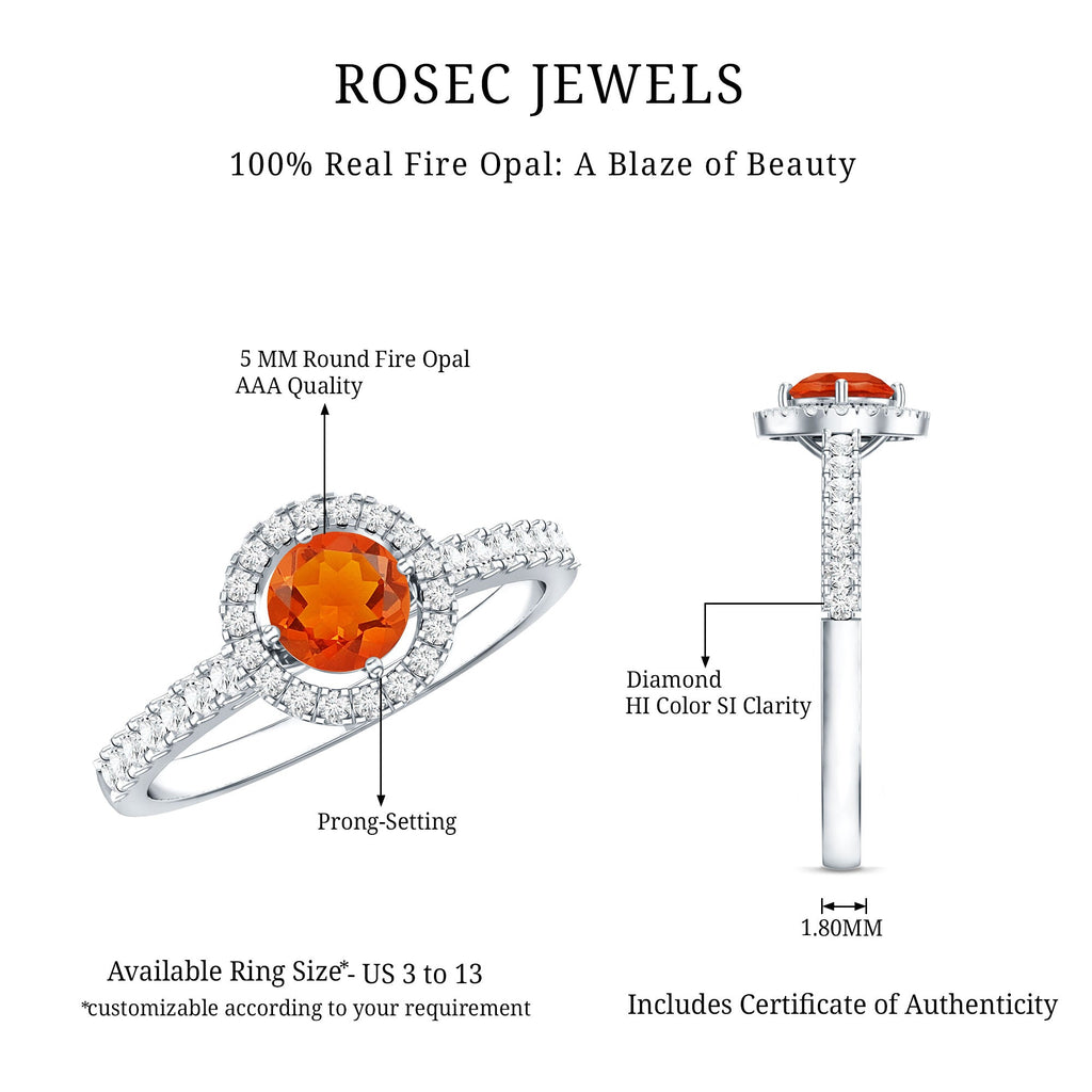 0.45 Carat Real Fire Opal and Diamond Halo Engagement Ring