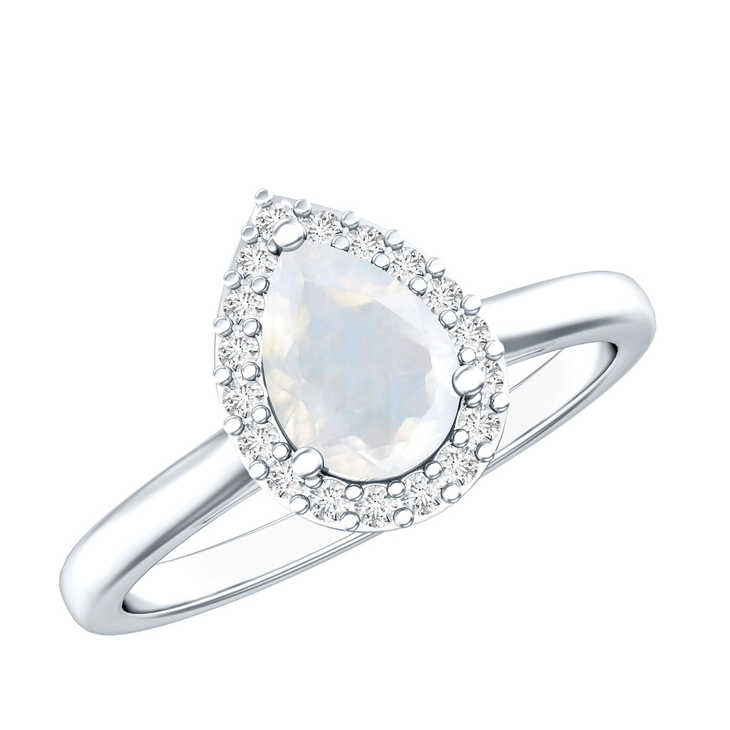 Pear Shaped Moonstone Halo Engagement Ring with Diamond