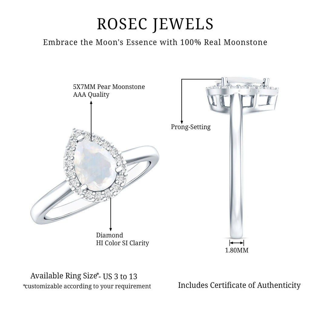 Pear Shaped Moonstone Halo Engagement Ring with Diamond
