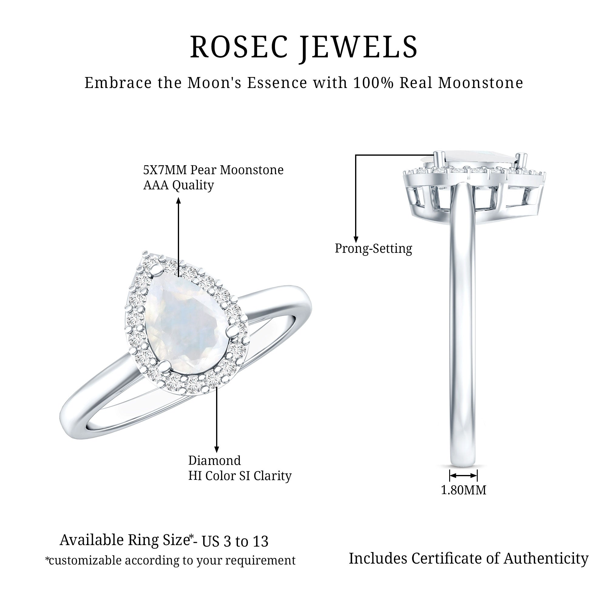 Pear Shaped Moonstone Halo Engagement Ring with Diamond