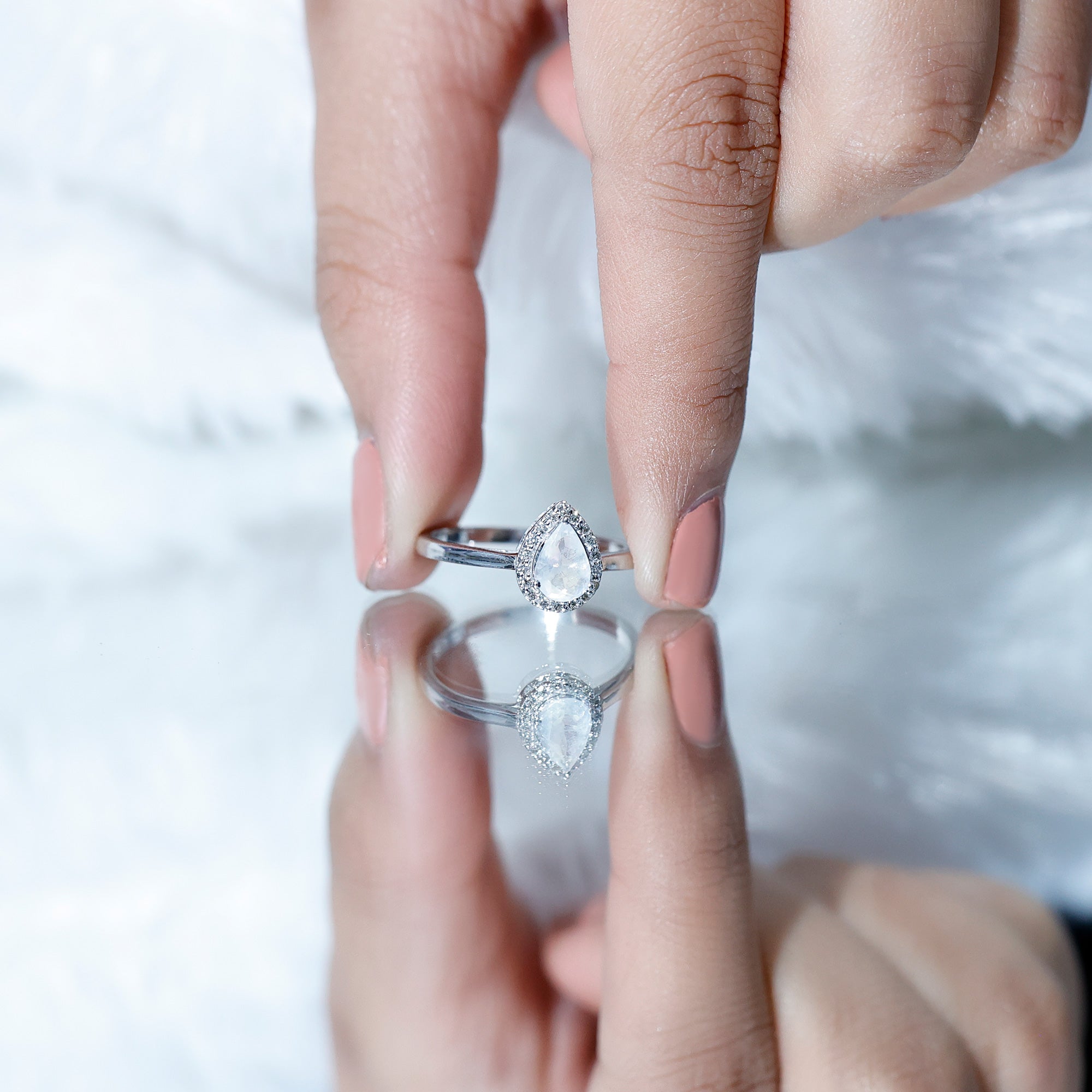 Pear Shaped Moonstone Halo Engagement Ring with Diamond