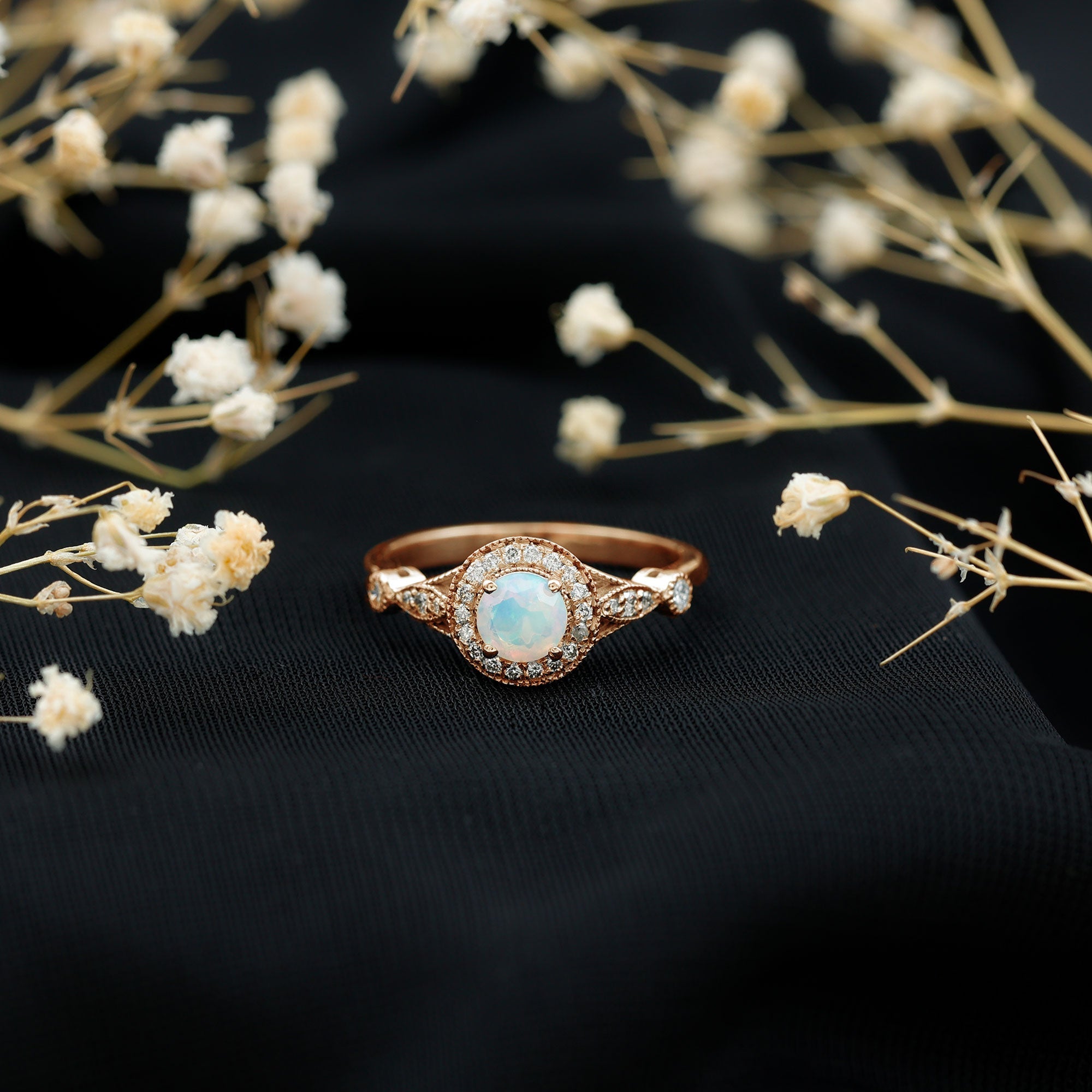 Genuine Ethiopian Opal Antique Looking Engagement Ring with Diamond Halo