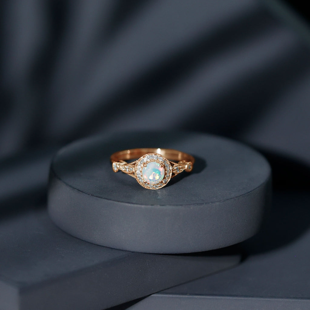 Genuine Ethiopian Opal Antique Looking Engagement Ring with Diamond Halo