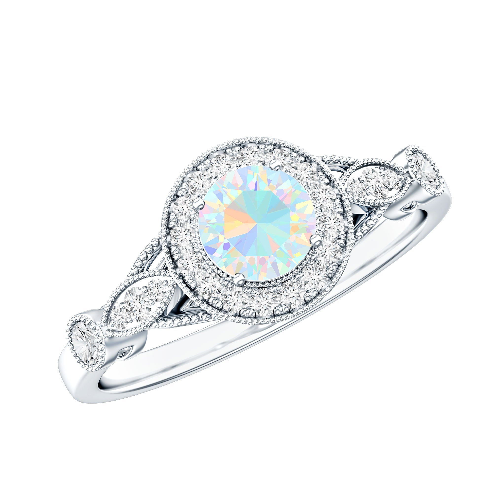 Genuine Ethiopian Opal Antique Looking Engagement Ring with Diamond Halo