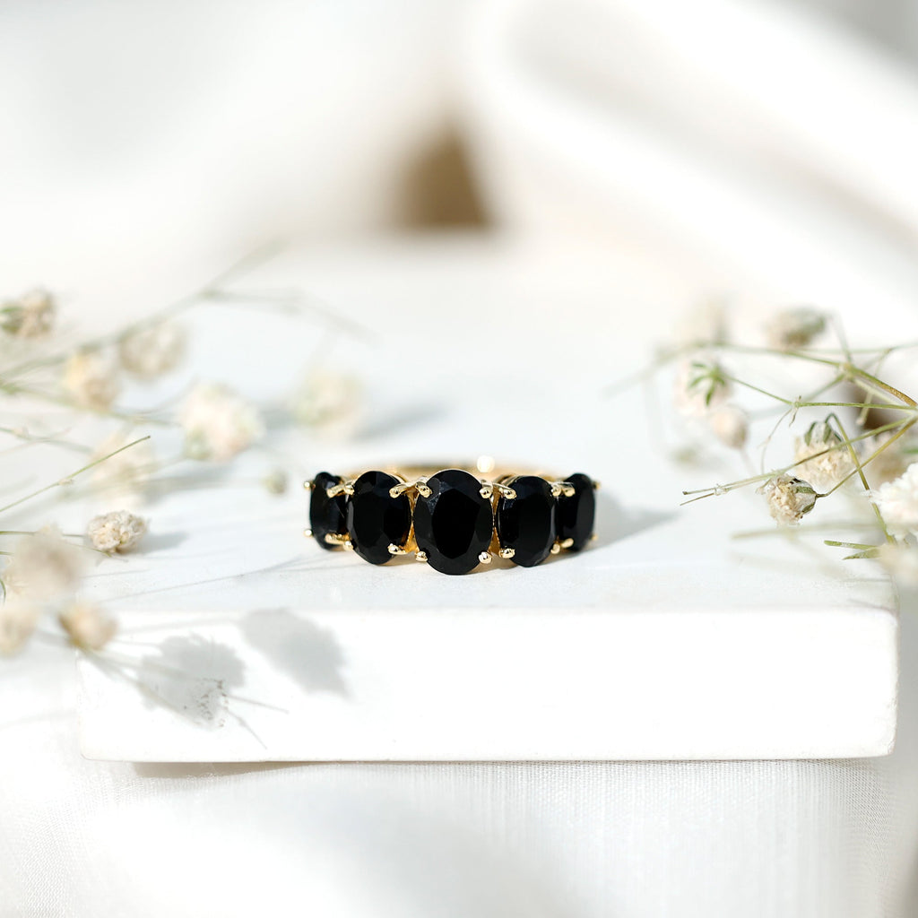 Oval Shaped Black Onyx 5 Stone Anniversary Ring