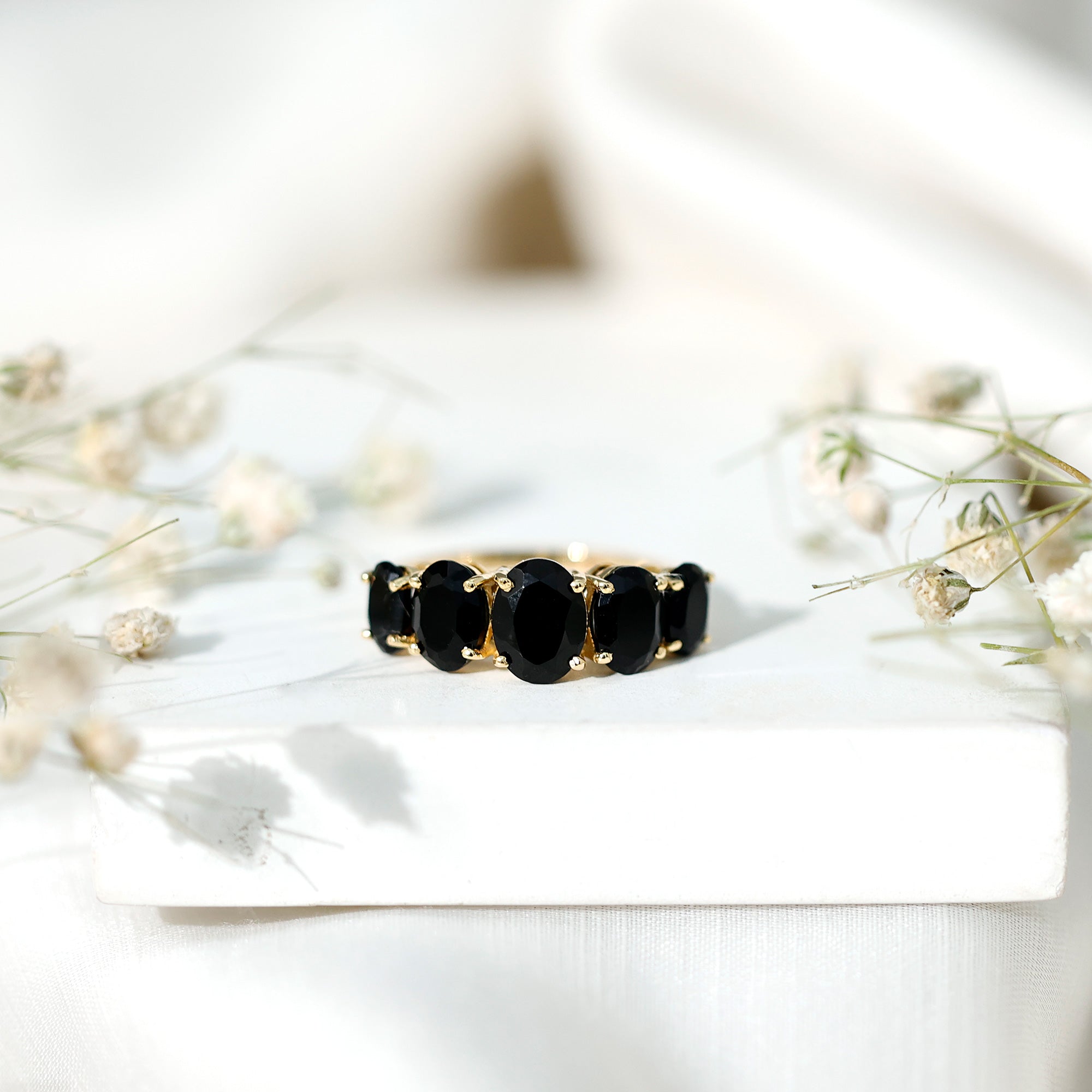 Oval Shaped Black Onyx 5 Stone Anniversary Ring