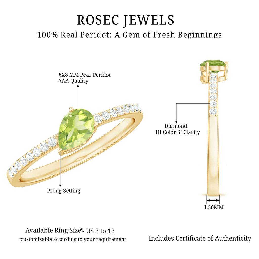 Natural 1 Carat Pear Shape Peridot Engagement Ring with Diamond