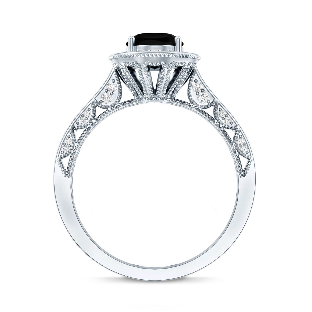 Vintage Inspired Black Onyx Oval Engagement Ring with Diamond Halo