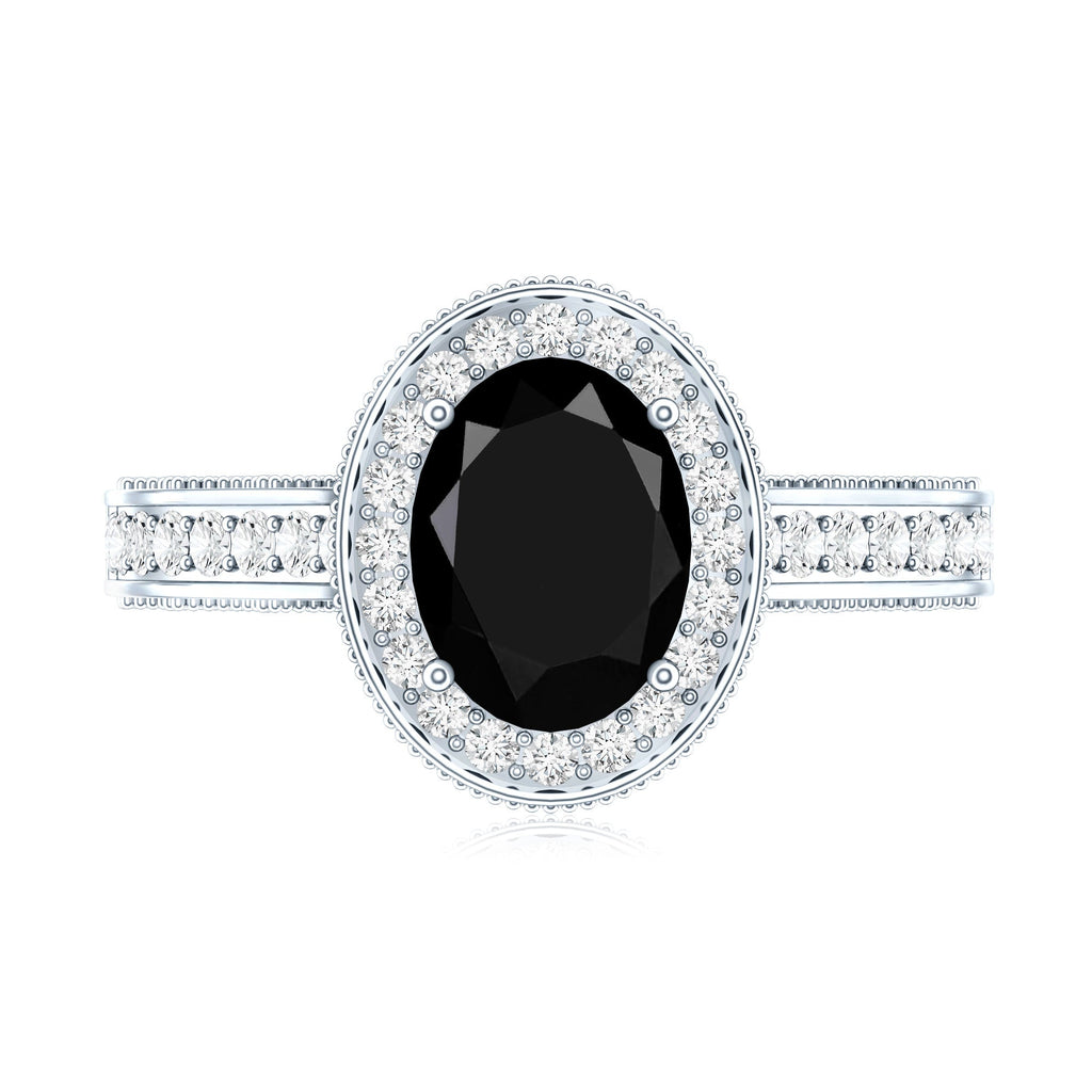 Vintage Inspired Black Onyx Oval Engagement Ring with Diamond Halo