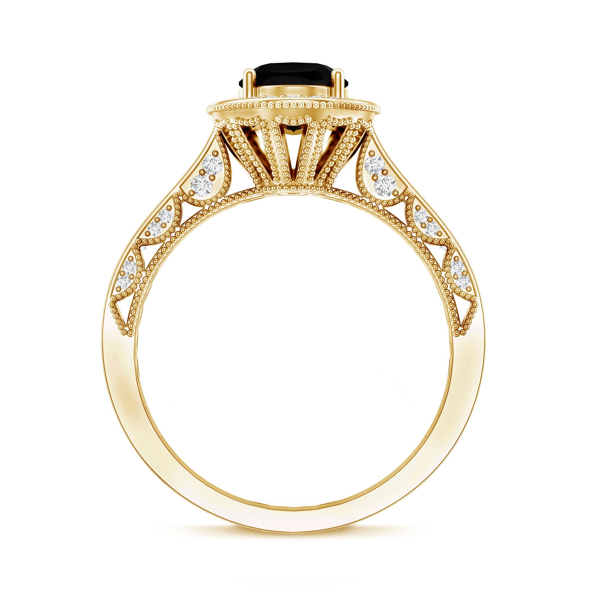 Vintage Inspired Black Onyx Oval Engagement Ring with Diamond Halo