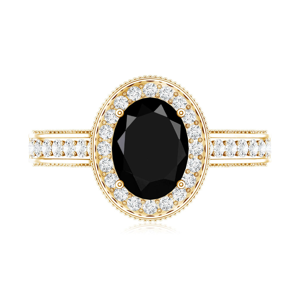 Vintage Inspired Black Onyx Oval Engagement Ring with Diamond Halo