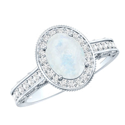 0.6 Carat Moonstone and Diamond Engagement Ring with Milgrain Details | Rings | Wiccan Center