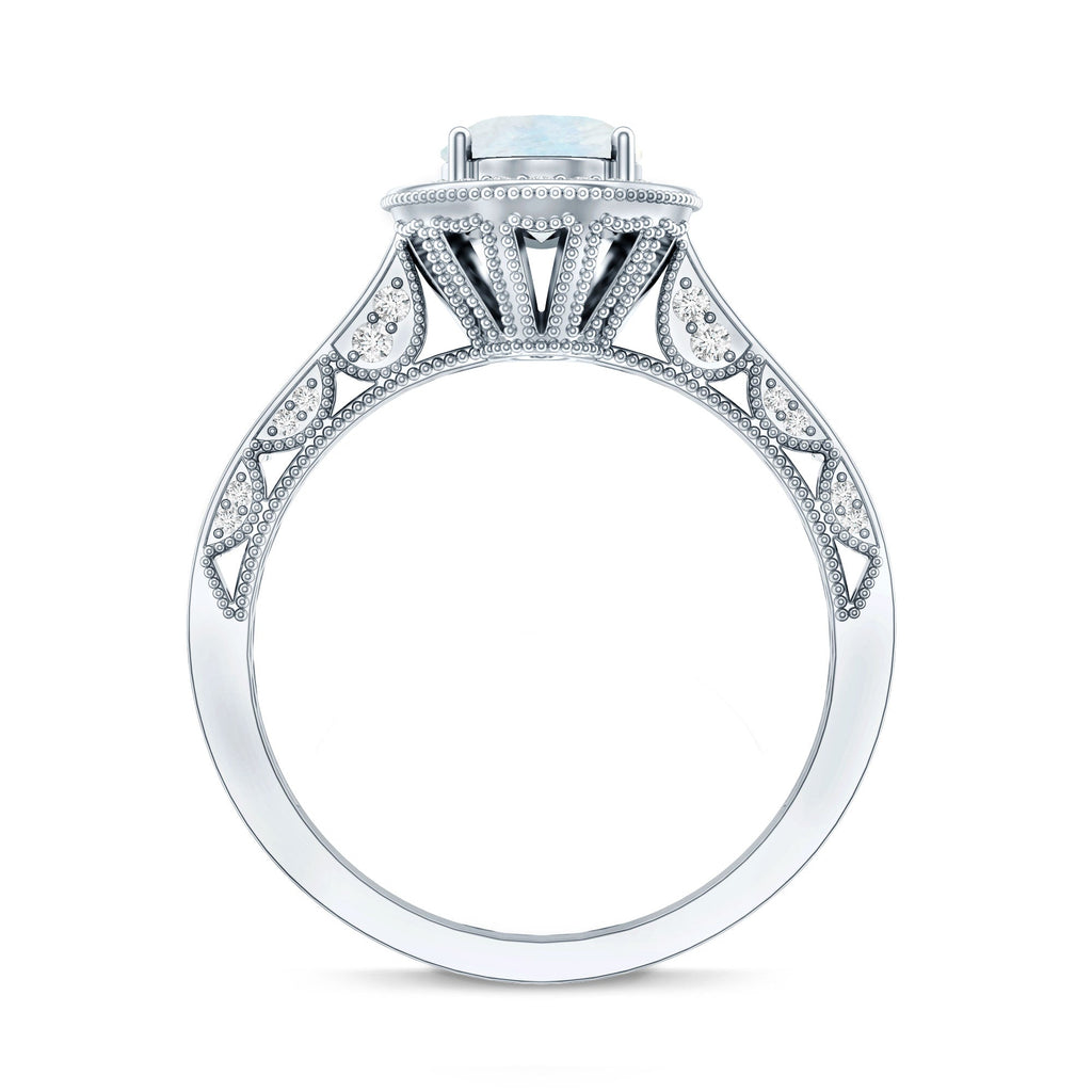 0.6 Carat Moonstone and Diamond Engagement Ring with Milgrain Details
