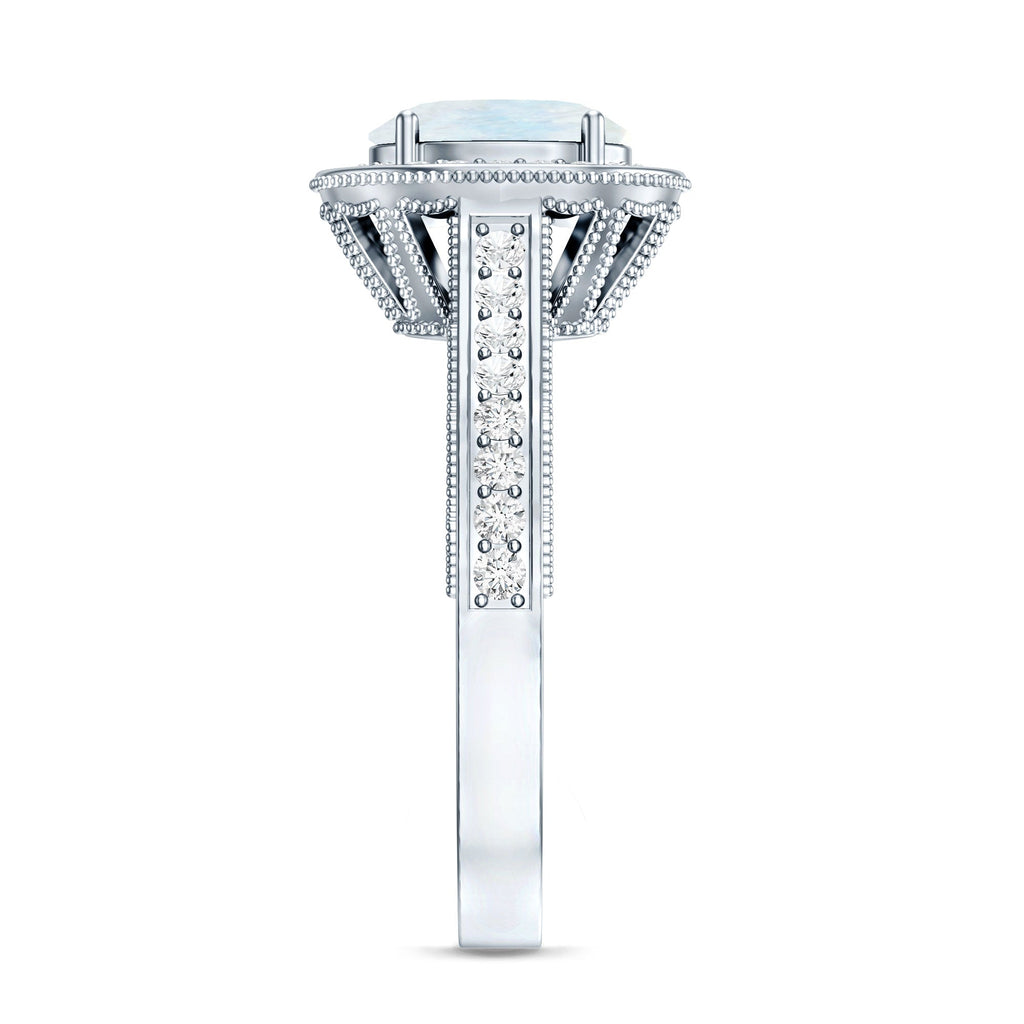 0.6 Carat Moonstone and Diamond Engagement Ring with Milgrain Details