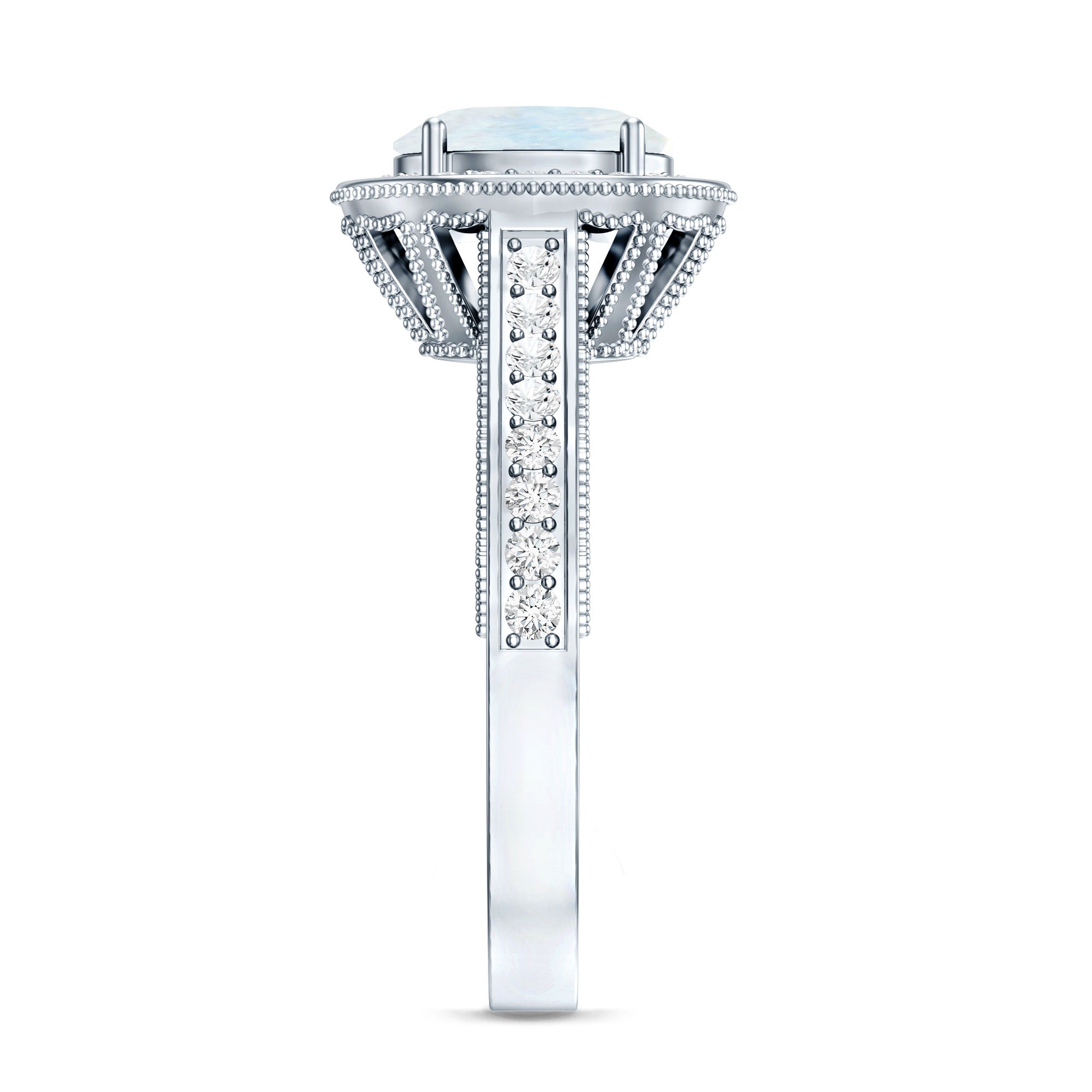 0.6 Carat Moonstone and Diamond Engagement Ring with Milgrain Details