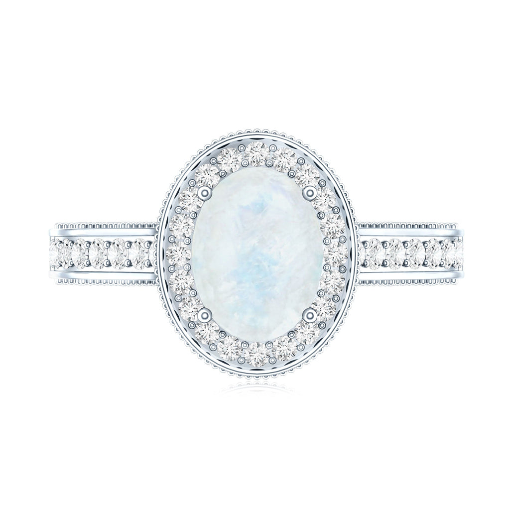 0.6 Carat Moonstone and Diamond Engagement Ring with Milgrain Details