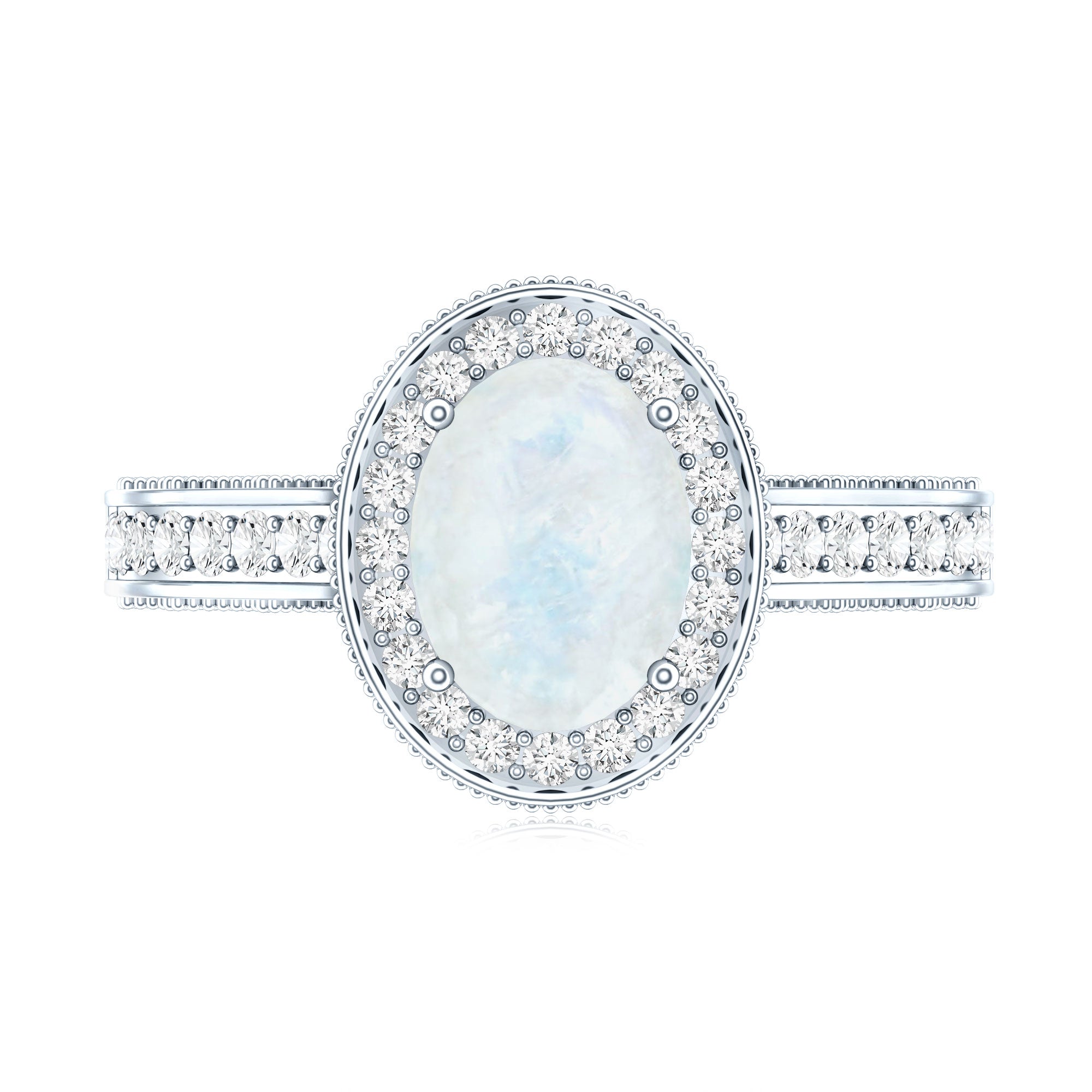 0.6 Carat Moonstone and Diamond Engagement Ring with Milgrain Details