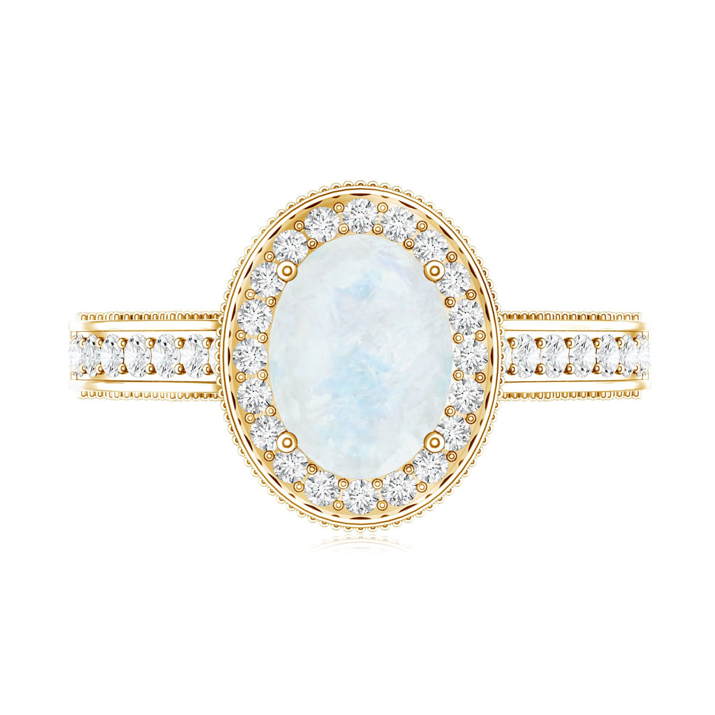 0.6 Carat Moonstone and Diamond Engagement Ring with Milgrain Details
