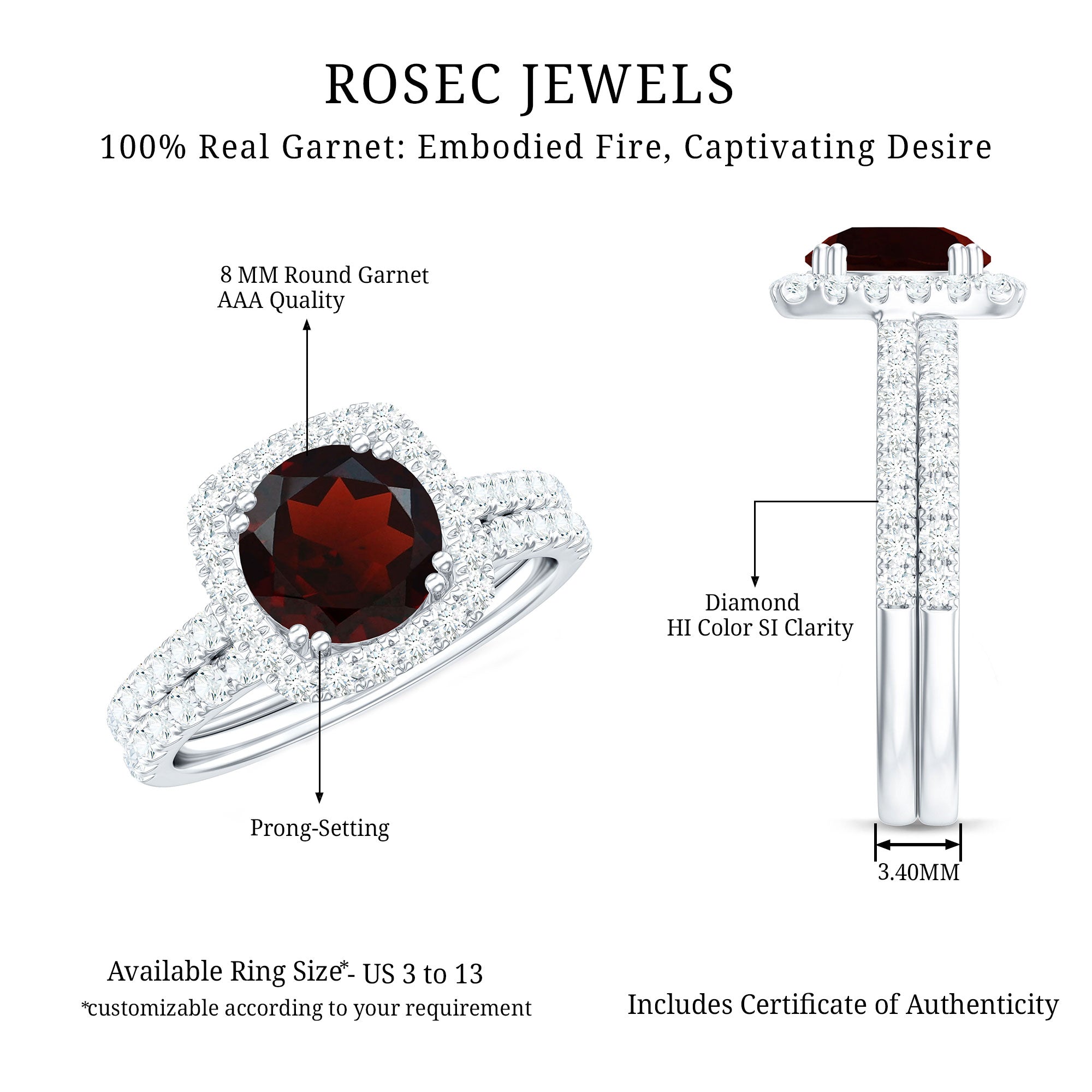 Natural Garnet Diamond Engagement Ring with Wedding Band
