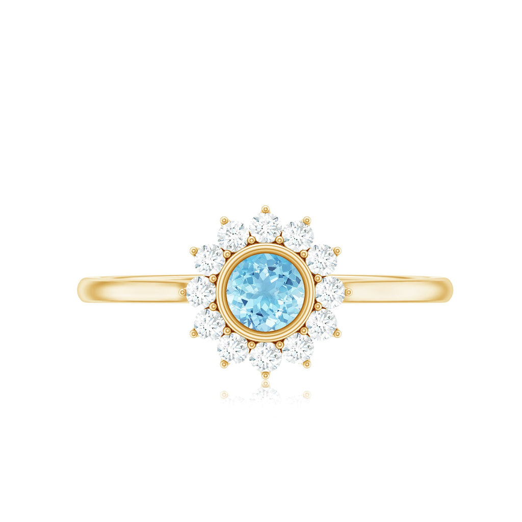 Real Round Aquamarine and Diamond Halo Promise Ring