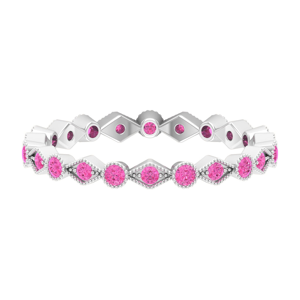 Created Pink Sapphire Stackable Eternity Ring with Beaded Shank
