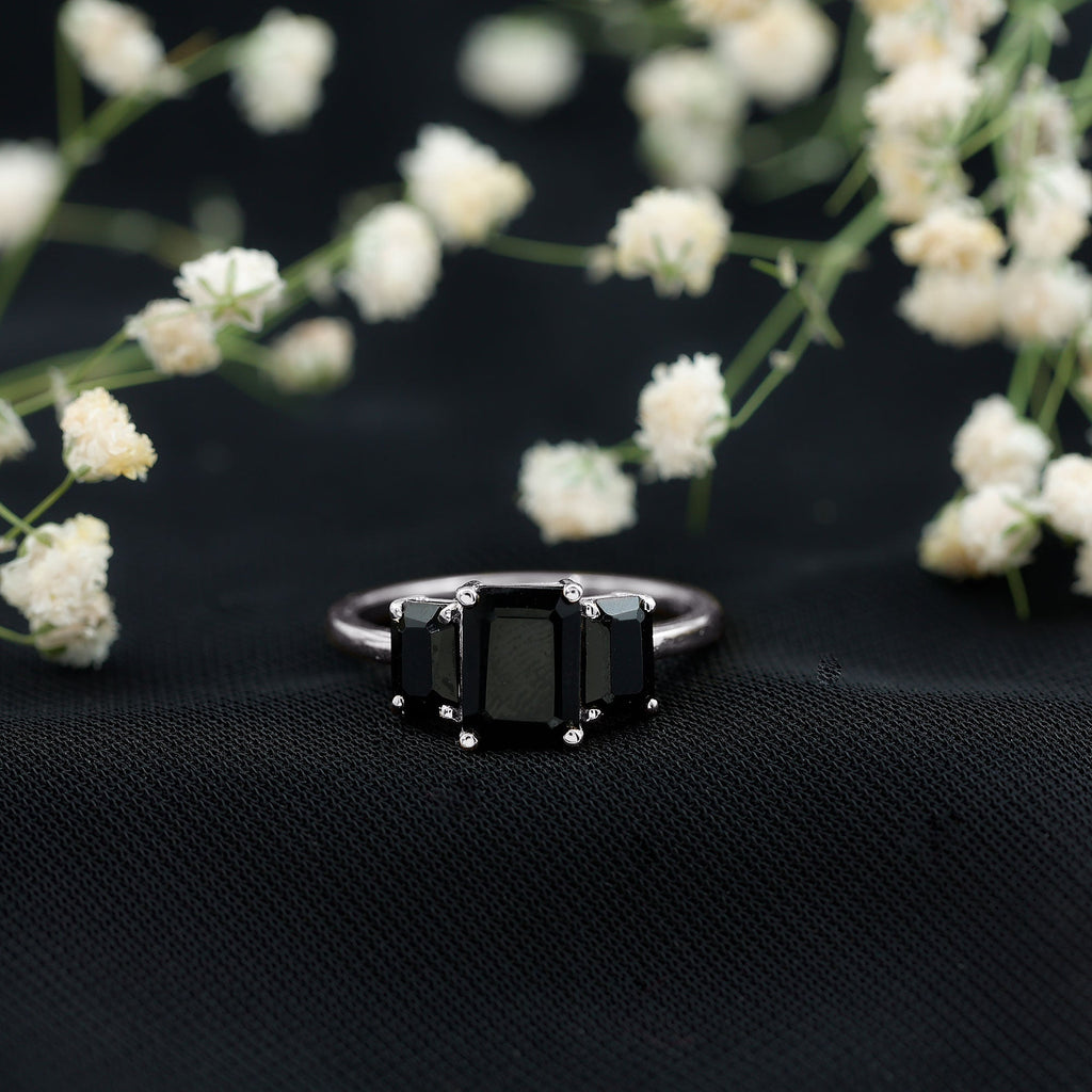 Emerald Cut Black Onyx Three Stone Engagement Ring