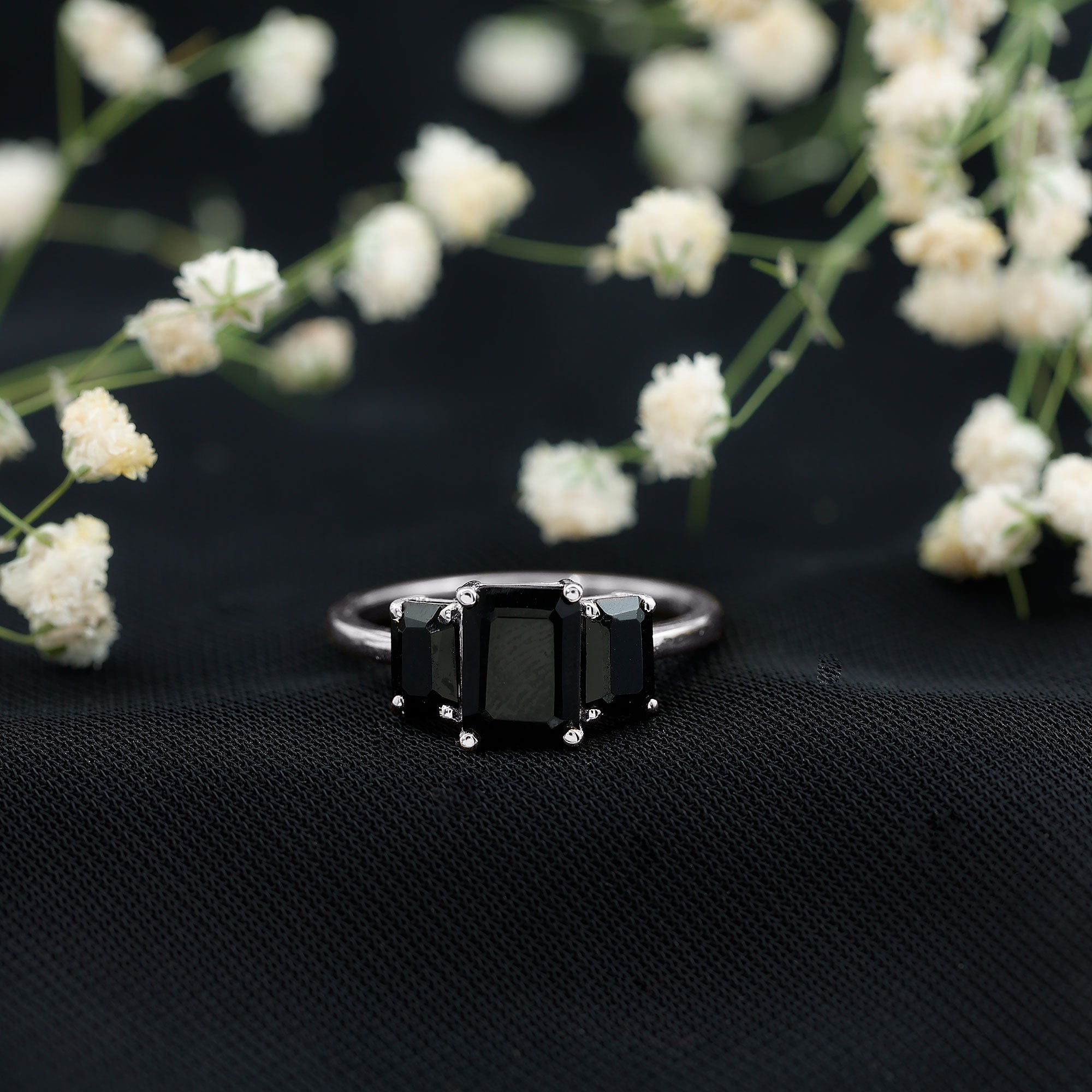 Emerald Cut Black Onyx Three Stone Engagement Ring