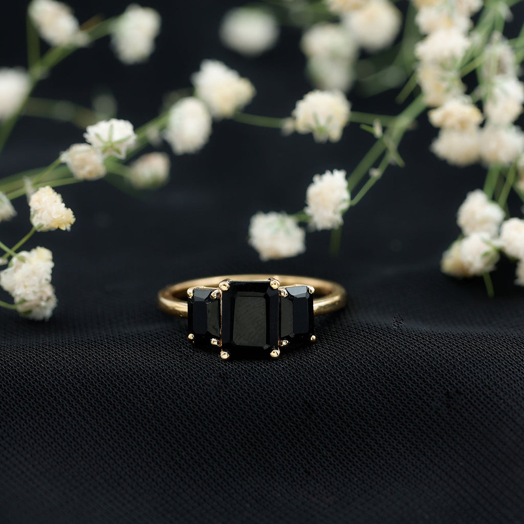 Emerald Cut Black Onyx Three Stone Engagement Ring
