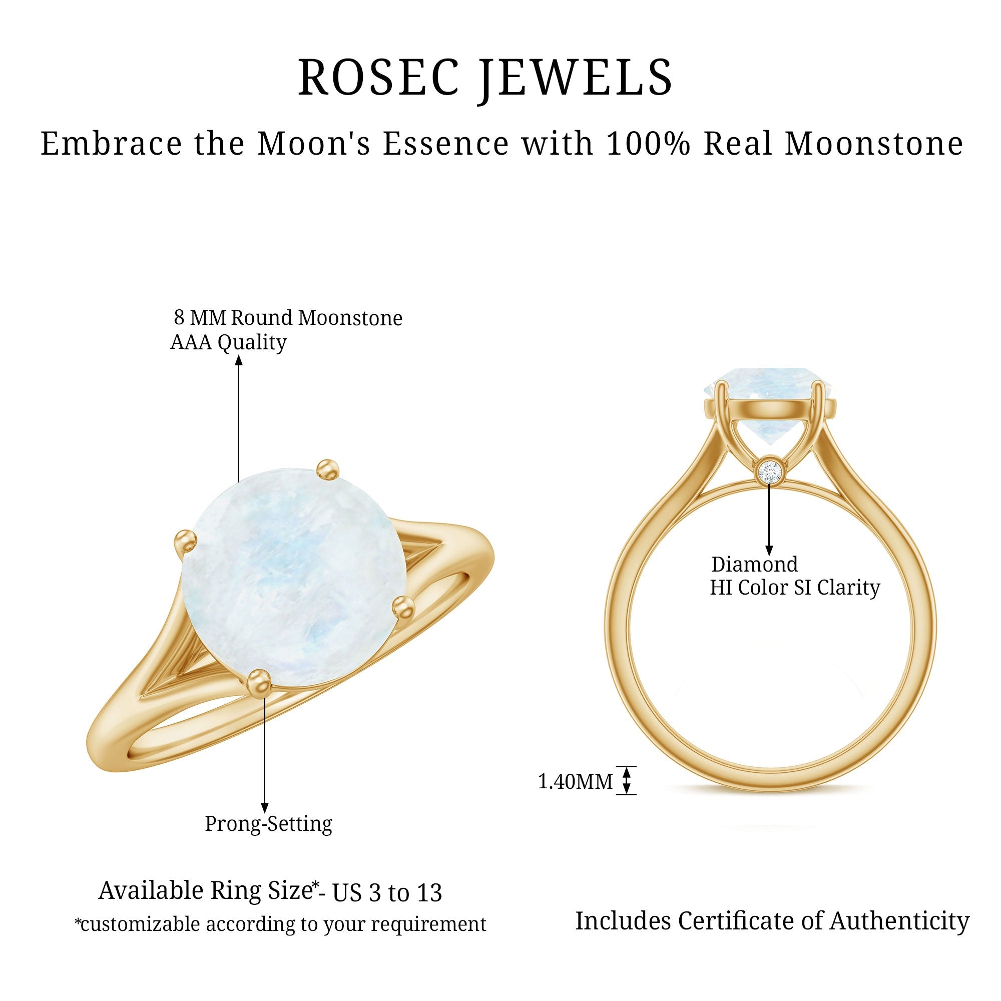 0.8 Carat Natural Moonstone Solitaire Ring with Surprise Diamond