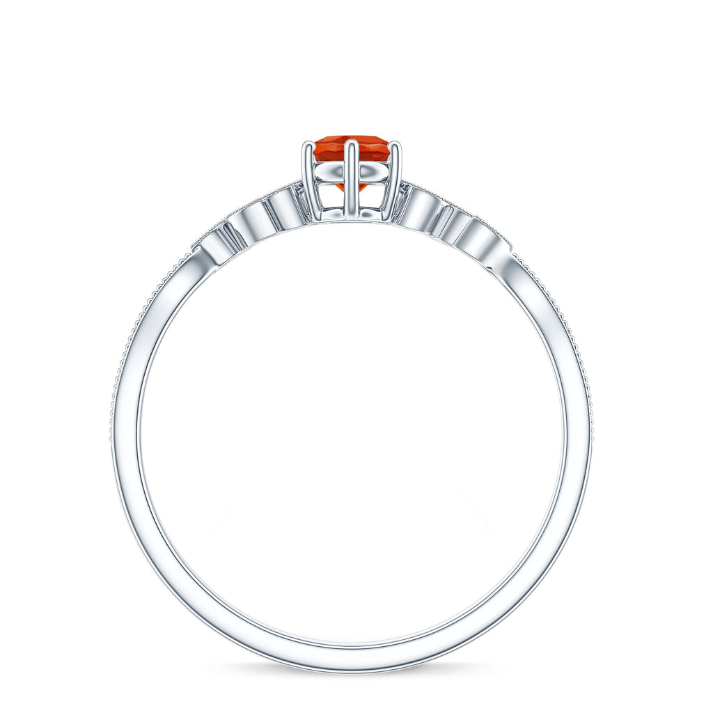 Round Fire Opal Leaf Promise Ring with Diamond