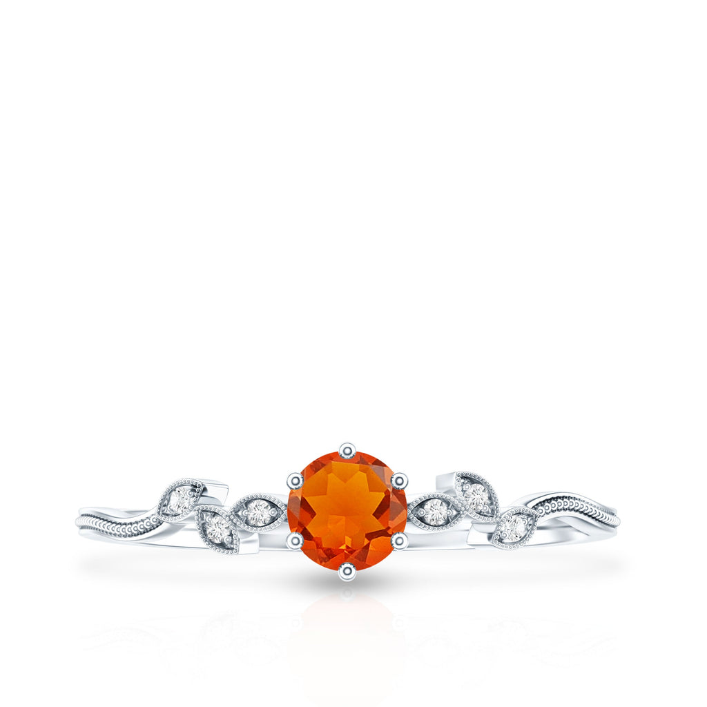Round Fire Opal Leaf Promise Ring with Diamond
