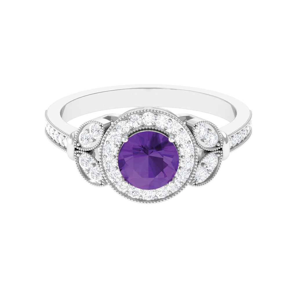 Vintage Looking Amethyst and Diamond Halo Engagement Ring