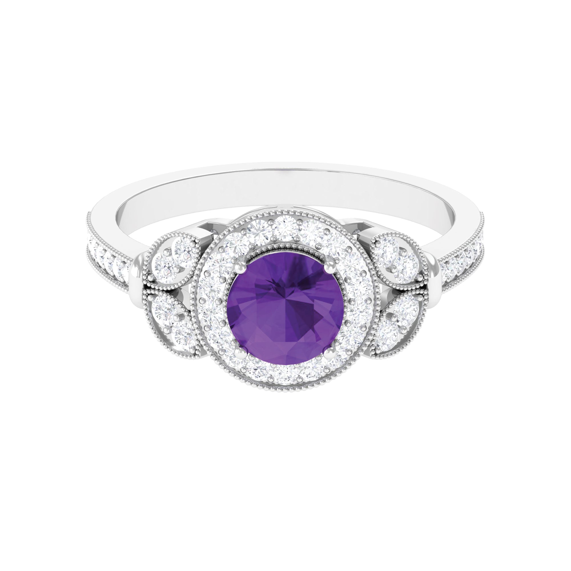Vintage Looking Amethyst and Diamond Halo Engagement Ring