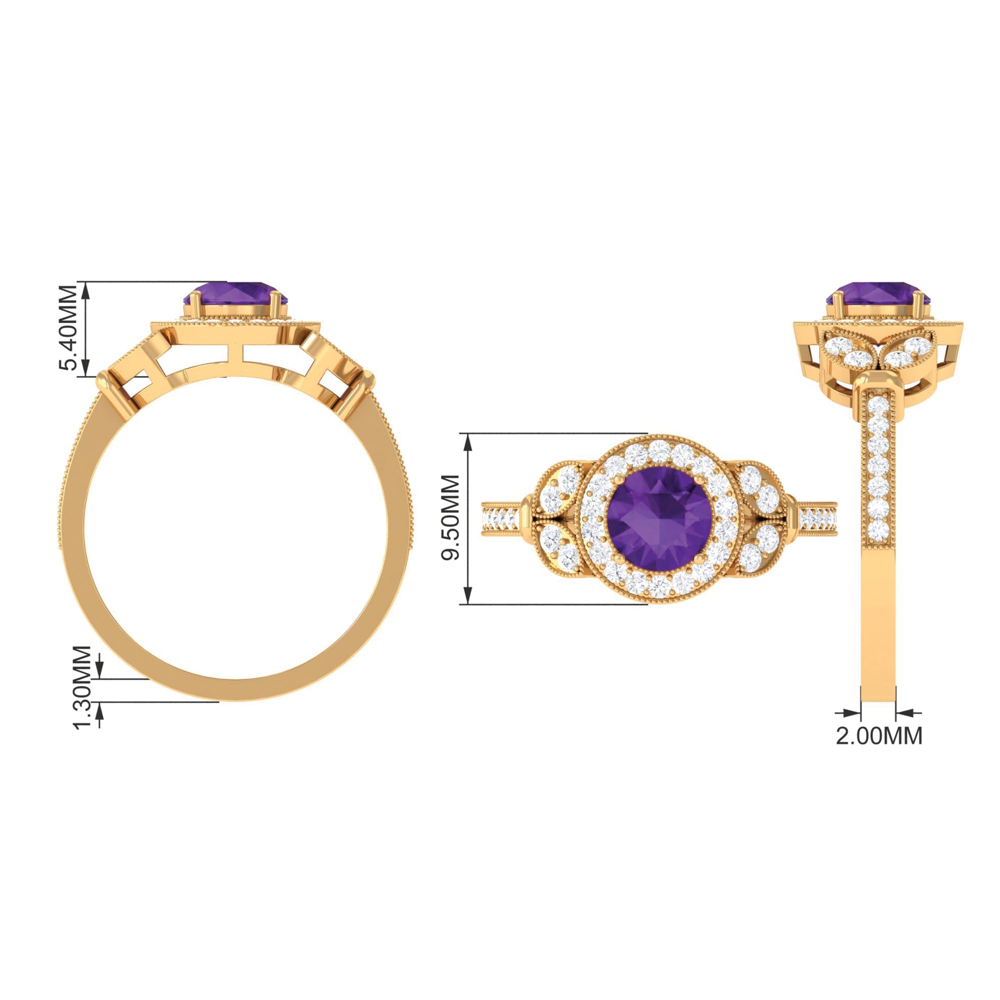 Vintage Looking Amethyst and Diamond Halo Engagement Ring