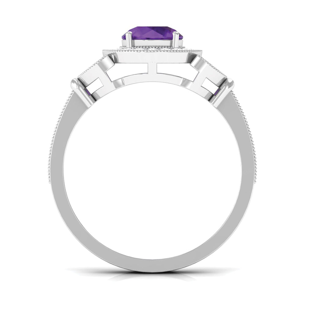 Vintage Looking Amethyst and Diamond Halo Engagement Ring