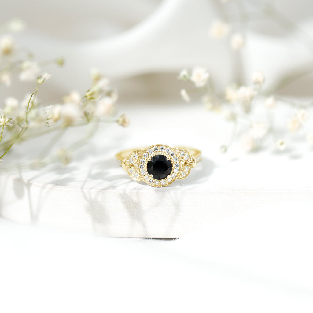 Vintage Looking 1.3 Carat Lab Grown Black Diamond Engagement Ring with White Diamond