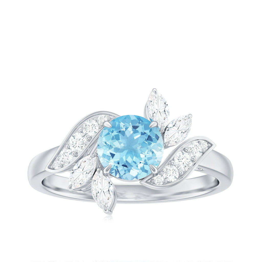 Genuine 0.8 Carat Aquamarine and Diamond Flower Engagement Ring