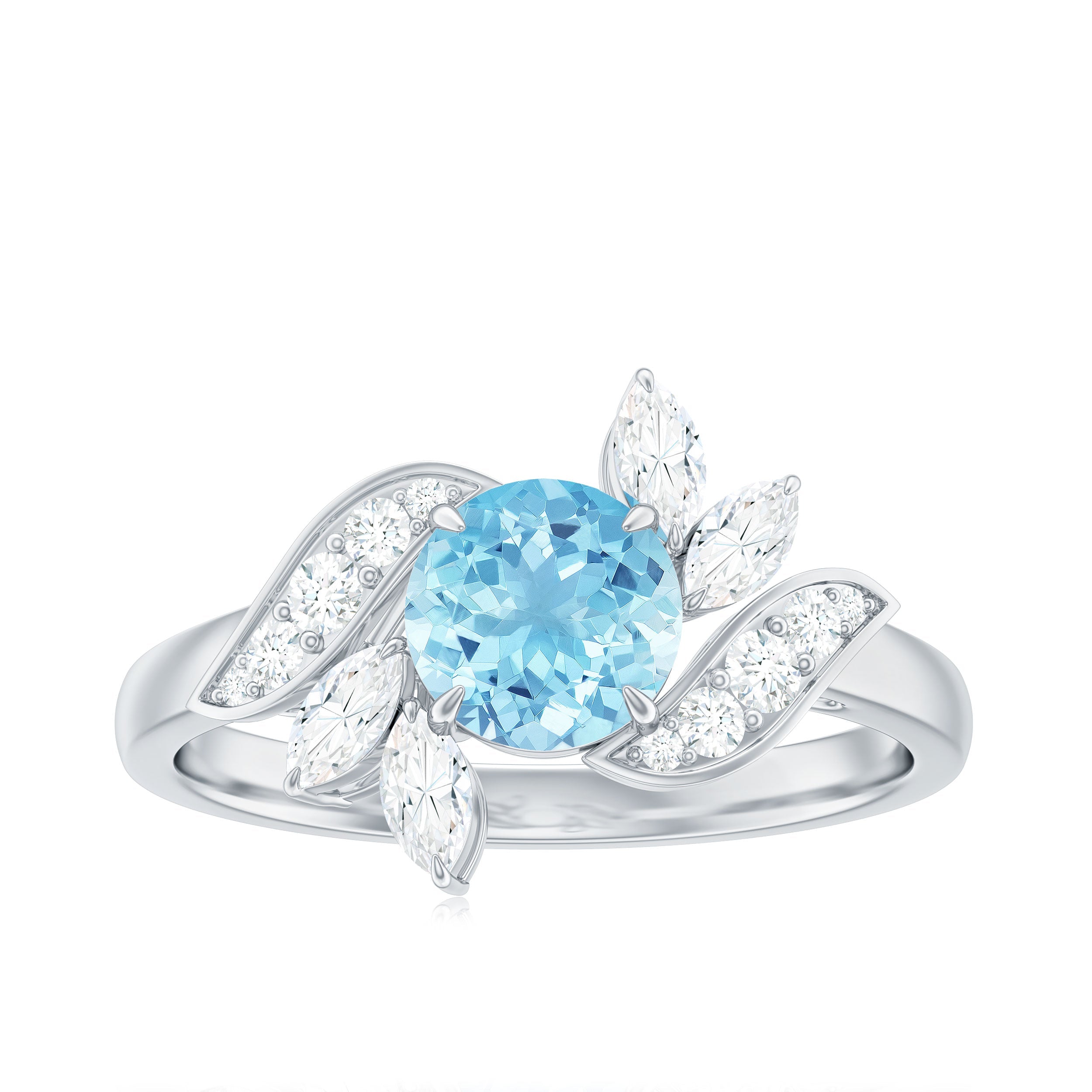 Genuine 0.8 Carat Aquamarine and Diamond Flower Engagement Ring