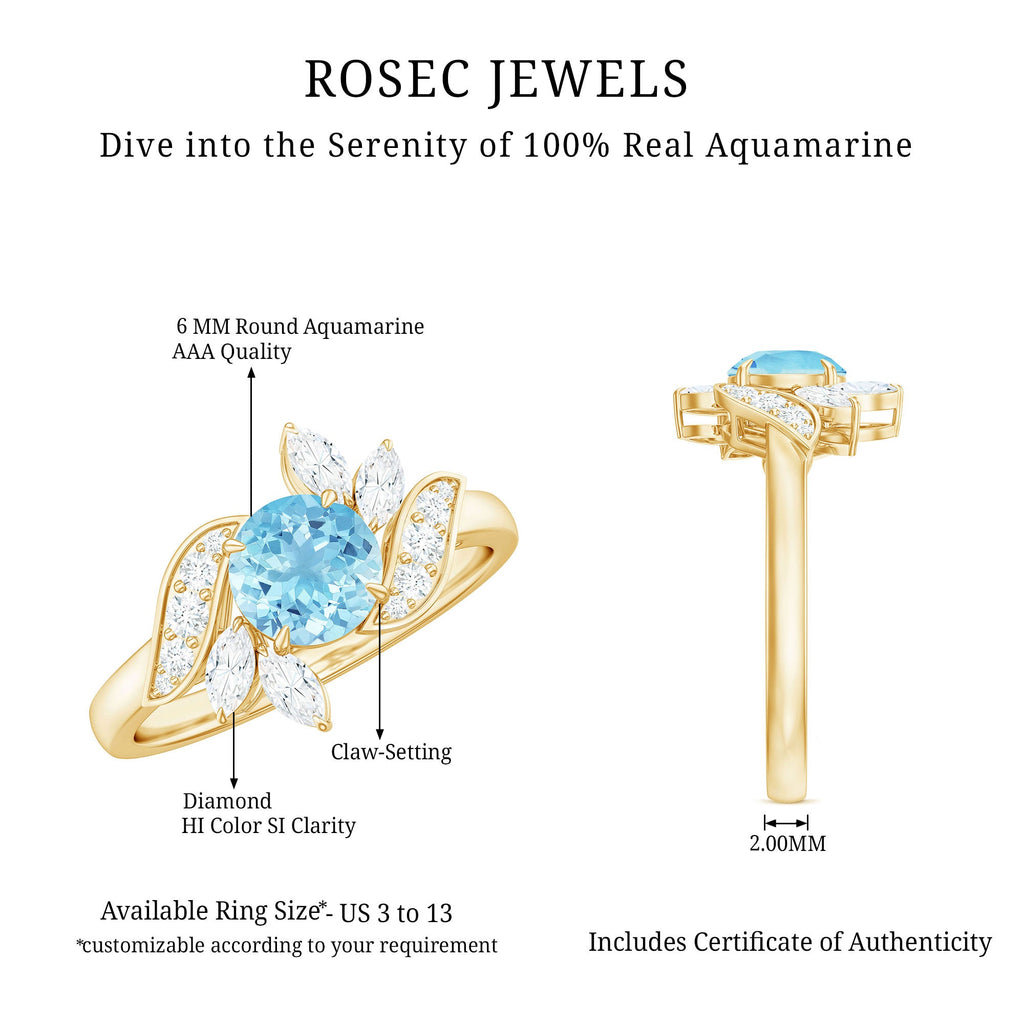 Genuine 0.8 Carat Aquamarine and Diamond Flower Engagement Ring