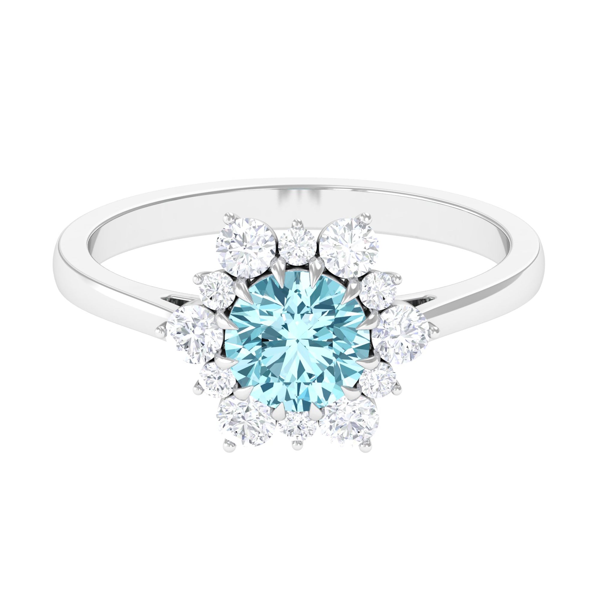 Natural 0.8 CT Aquamarine Statement Engagement Ring with Diamond Halo